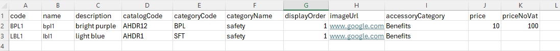 Equipment and accessories Excel format